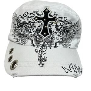 Kenny K Studded Cross Wings Cadet Hat Y2K Biker Punk Goth White Cap